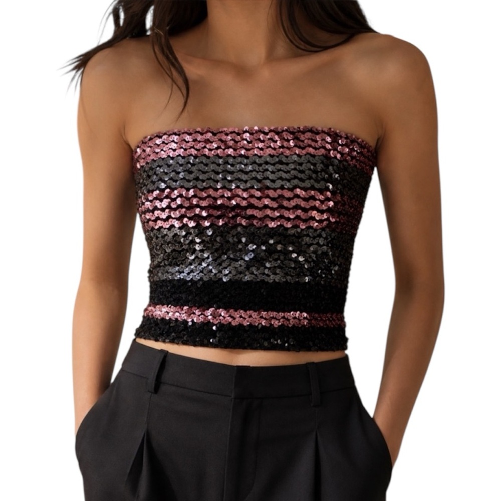Vintage Sequin Tube Top – Black, Silver & Pink, Y2K Disco Glam One Size XS–M